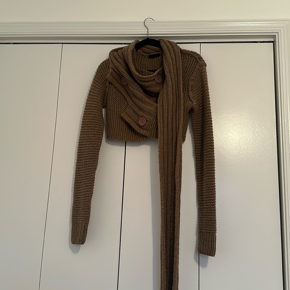 Karl Lagerfeld 100% Wool Brown Knit Cropped Sweater Wrap Scarf Size S